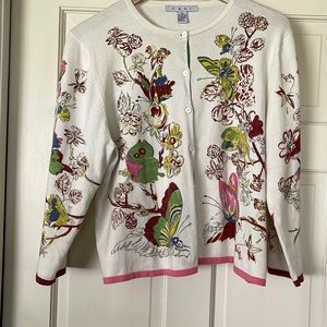 CAbi Cardigan w butterflies and floral pattern. SZ XL